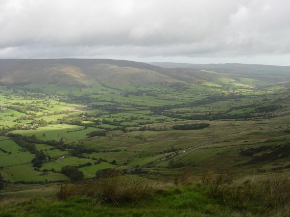 The view from Mam Tor with Edale in the distance.
